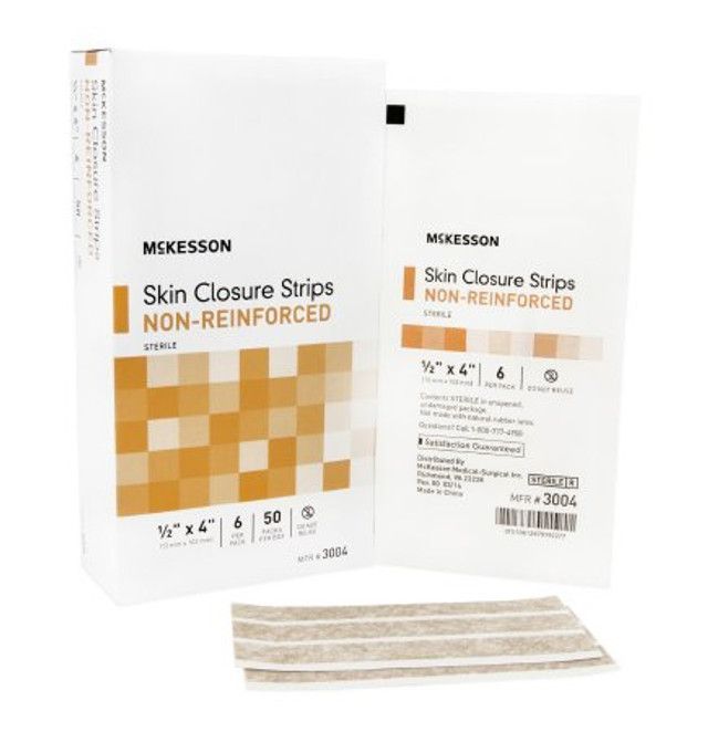 Two boxes of McKesson skin closure strips. One is open, showing the strips.
