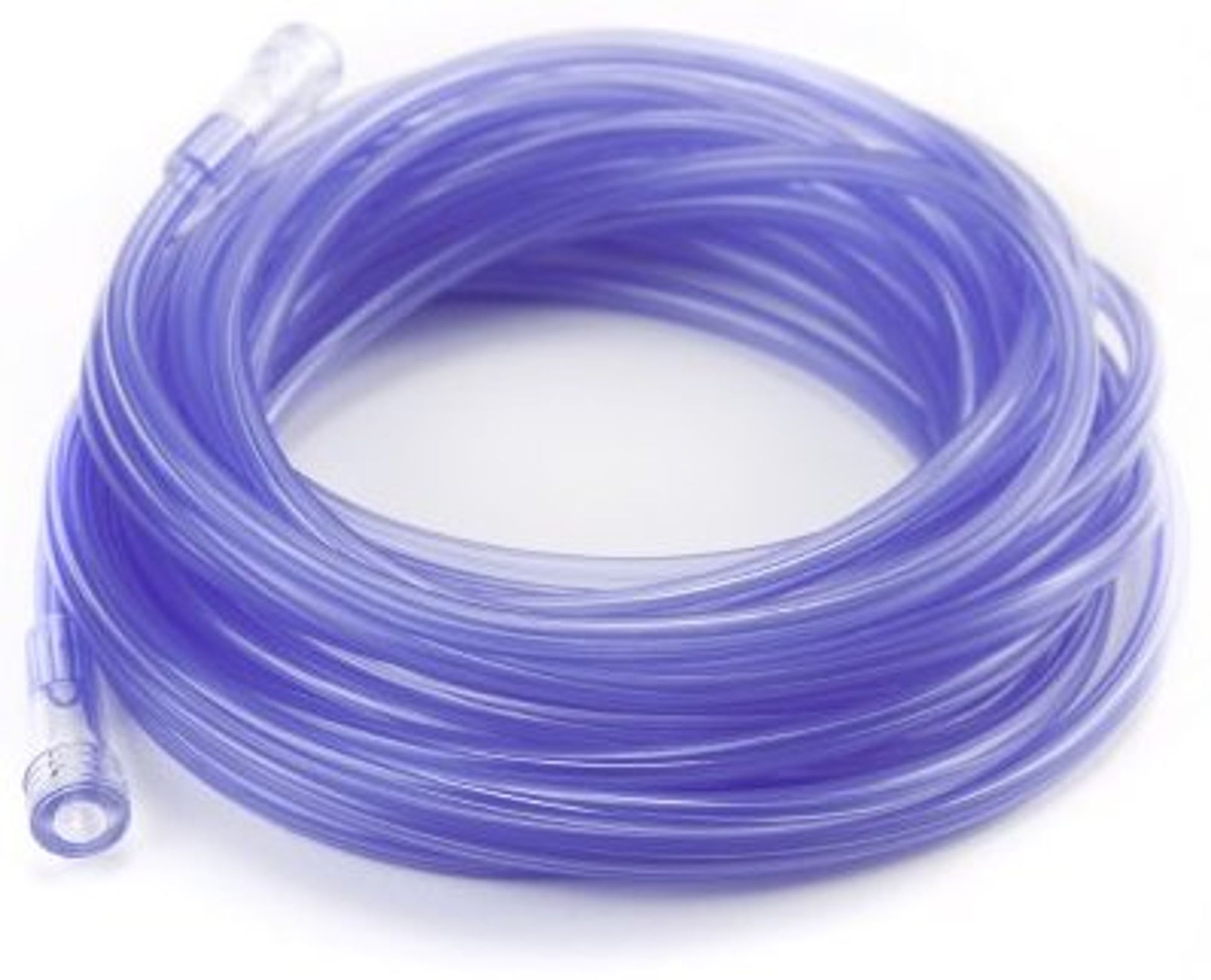 Coiled blue medical oxygen tubing with clear connectors at each end.