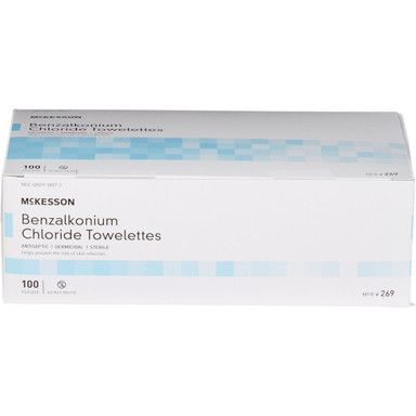 Box of McKesson benzalkonium chloride towelettes. White packaging with blue accents; contains 100 wipes.