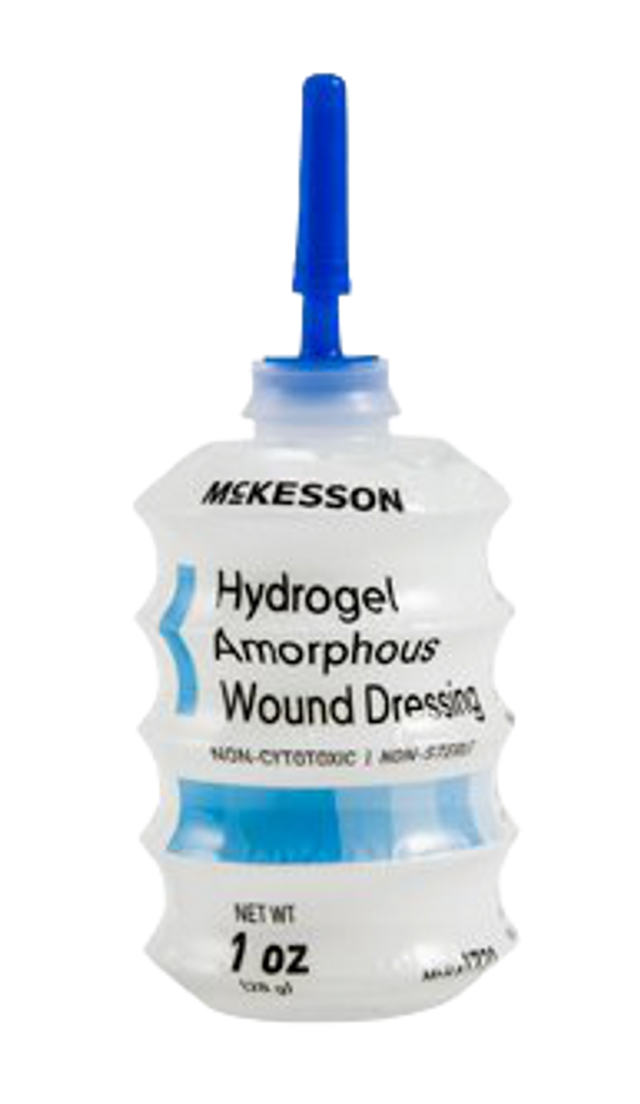 White bottle of McKesson Hydrogel Amorphous Wound Dressing with blue applicator tip.