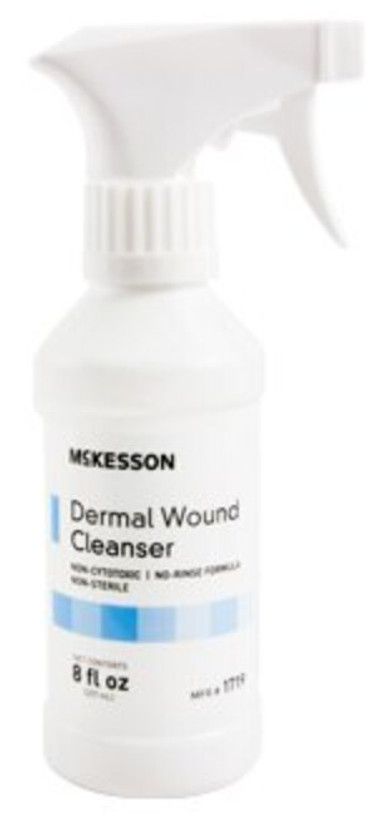 McKesson Dermal Wound Cleanser spray bottle. White with blue label, 8 fl oz, non-sterile.