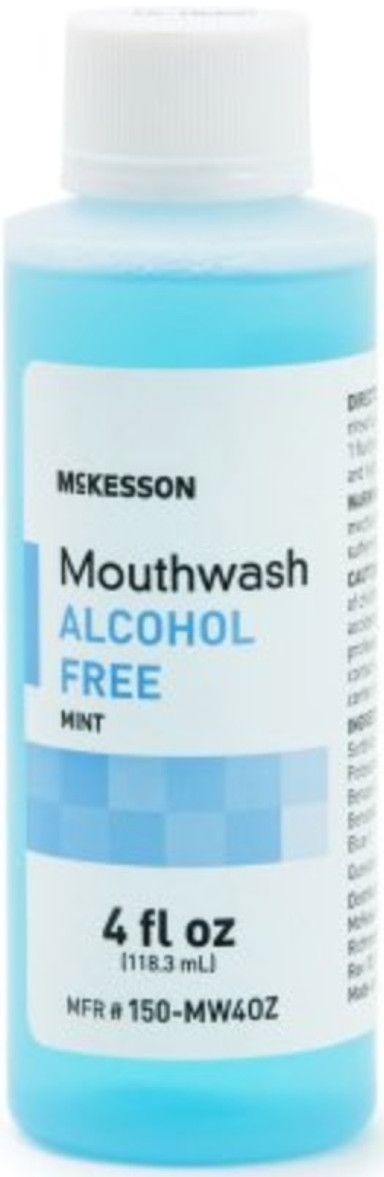 Bottle of McKesson alcohol-free mint mouthwash, turquoise liquid.