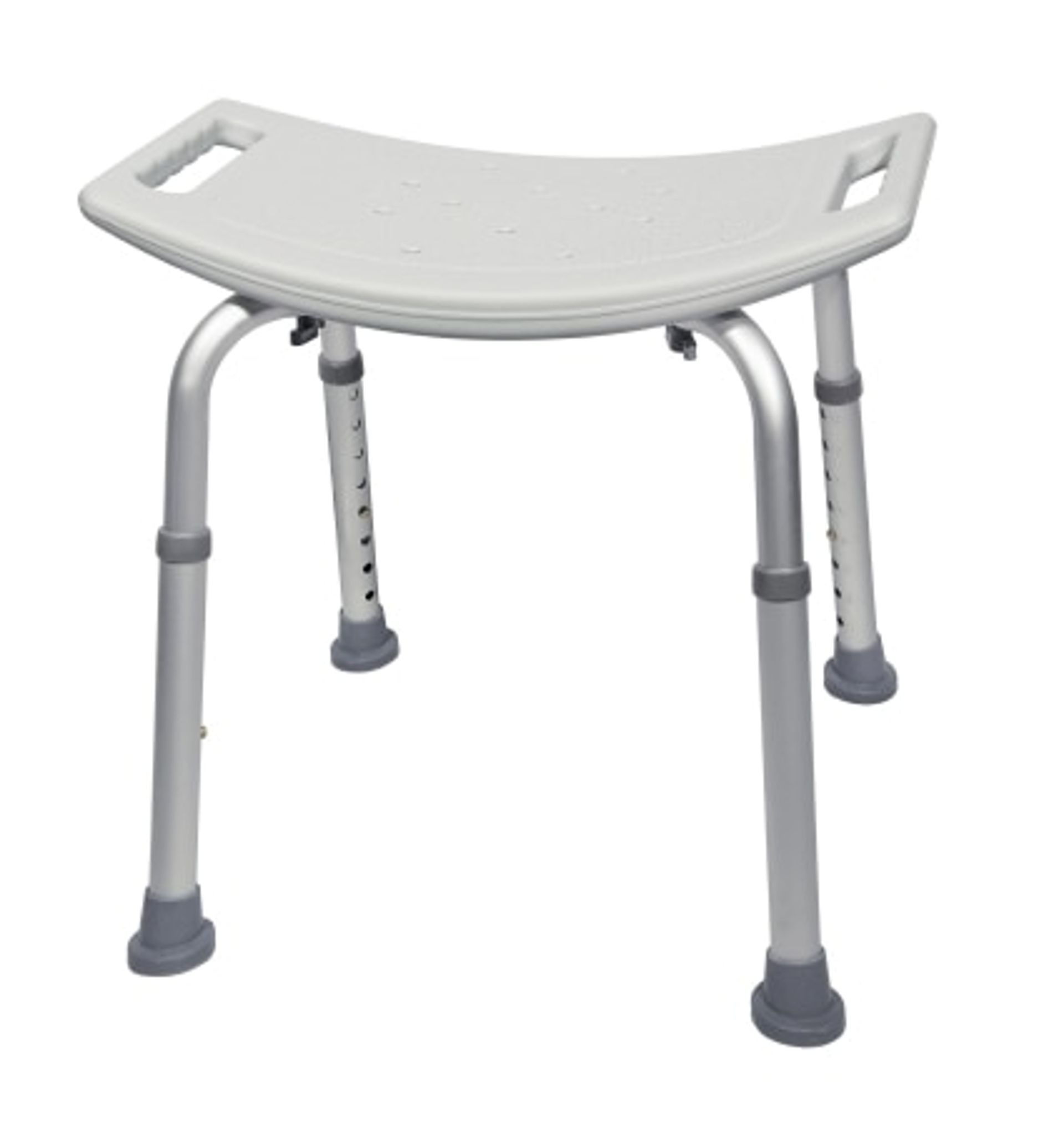 Adjustable height shower chair with a white seat and silver legs.