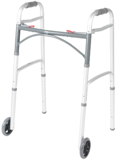 White and gray walker with two front wheels for mobility support.