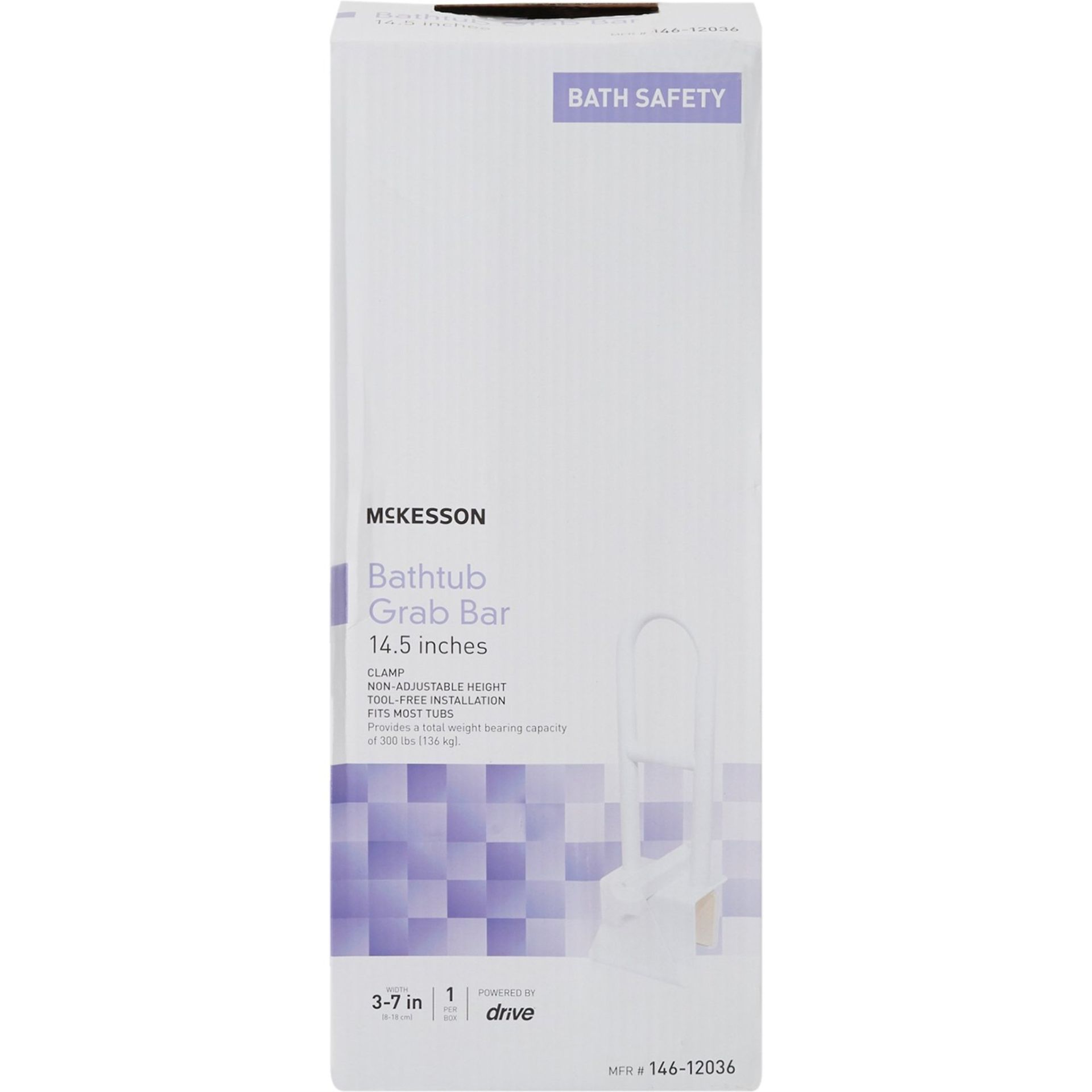 Box for a Mckesson bathtub grab bar, white with purple accent, labeled for bath safety.