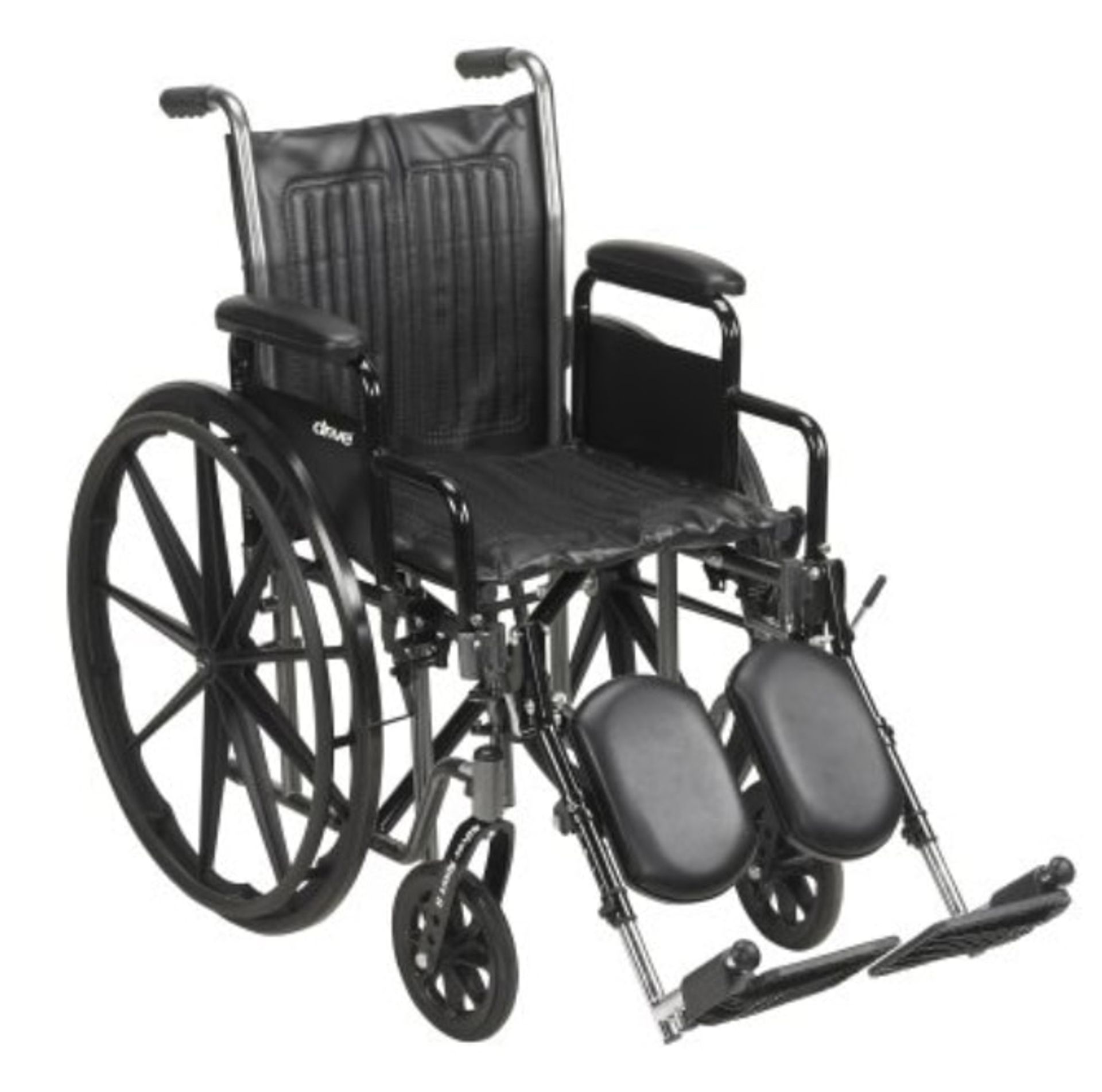 Black wheelchair with padded seat and leg rests.