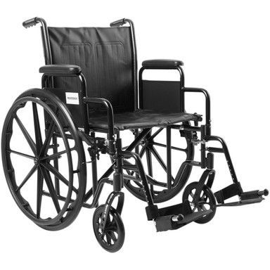 Black wheelchair on a white background. It has a seat, backrest, armrests, footrests, and large rear wheels.