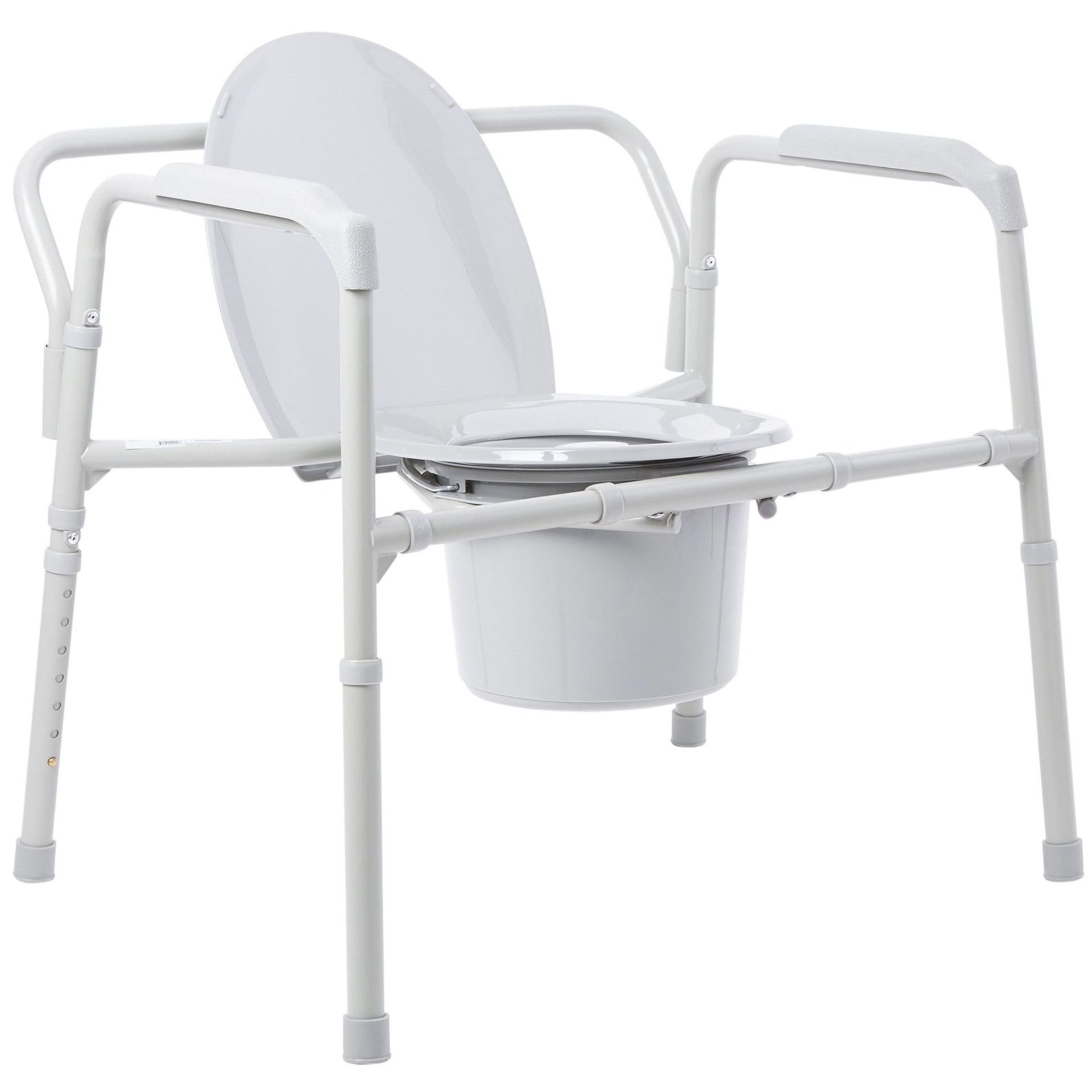 White commode chair with arms and a bucket, designed for accessibility.