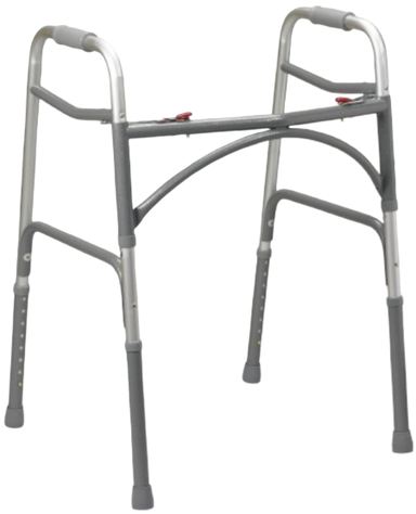 Gray adjustable height walker with hand grips, for mobility assistance.