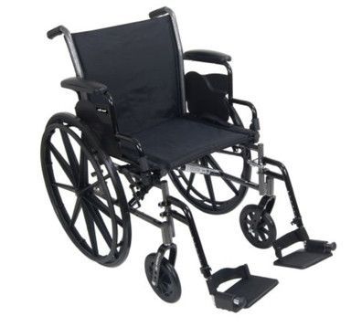 Black wheelchair with armrests, footrests, and large rear wheels.