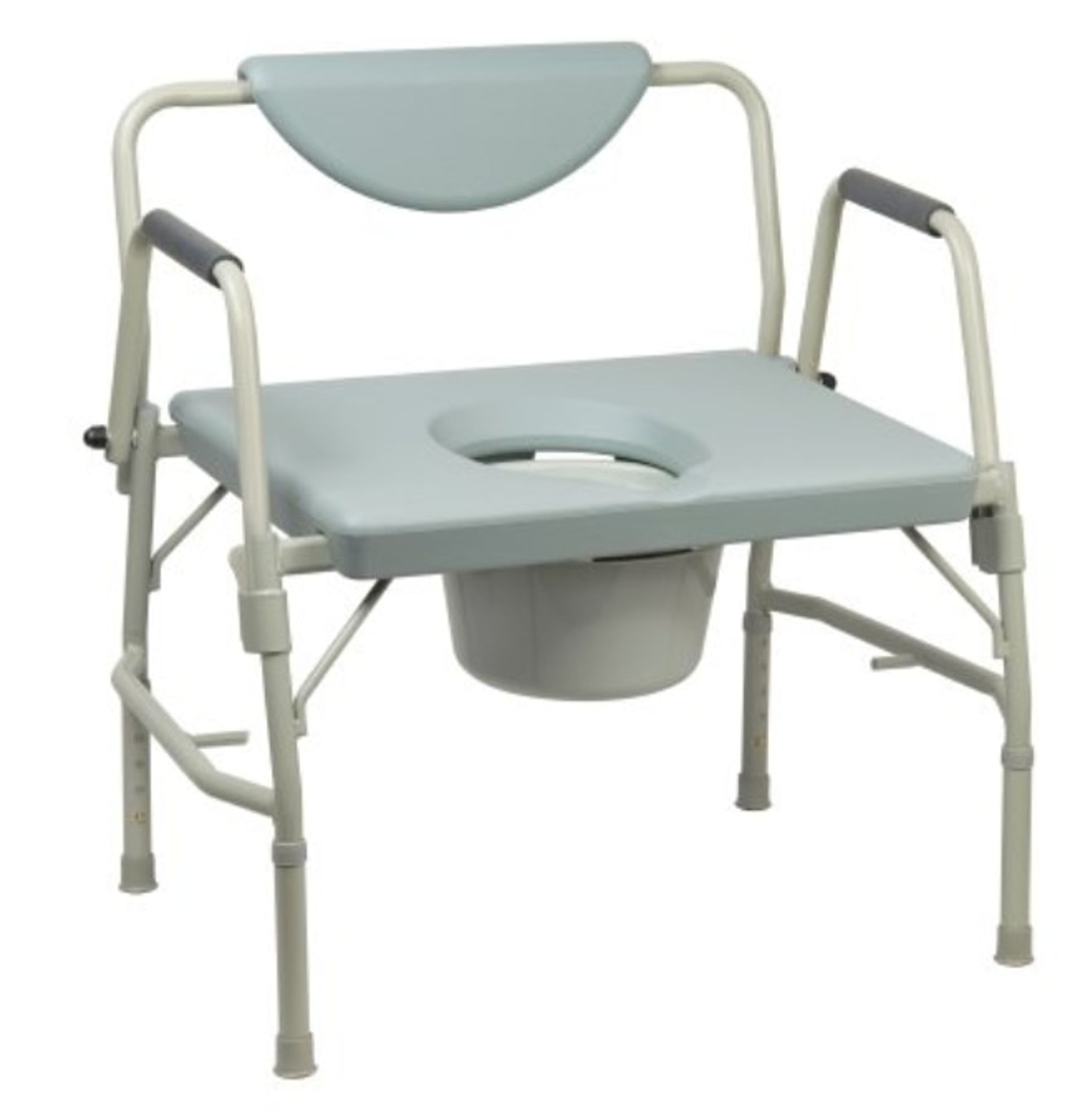 Gray bedside commode chair with a seat, backrest, arms, and a removable bucket.