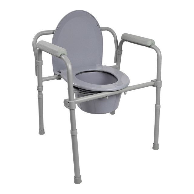 Gray commode chair with arms, adjustable legs, and a removable bucket.