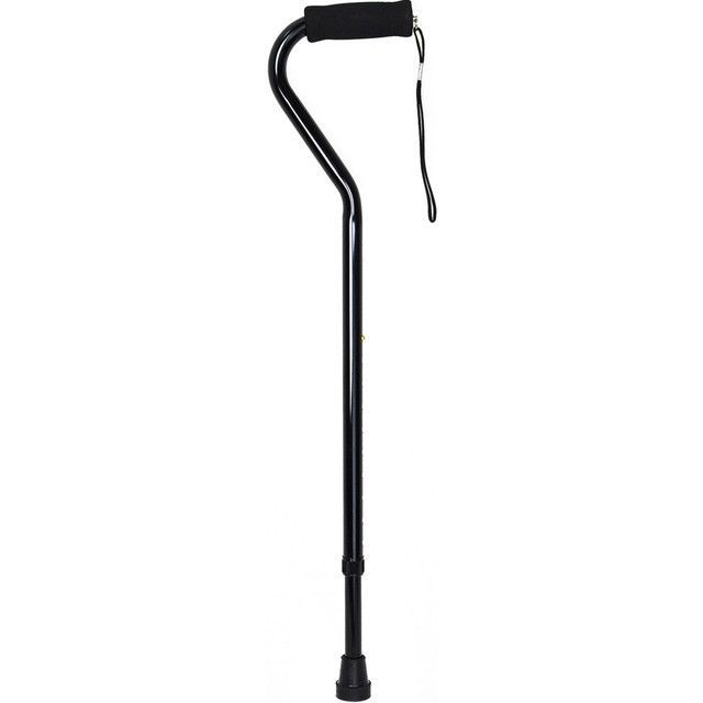 Black offset walking cane with a padded handle and wrist strap.