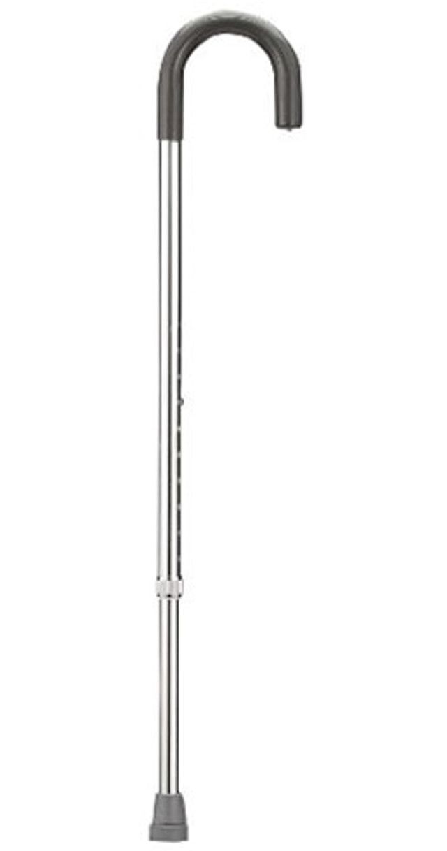 Silver adjustable walking cane with black curved handle.
