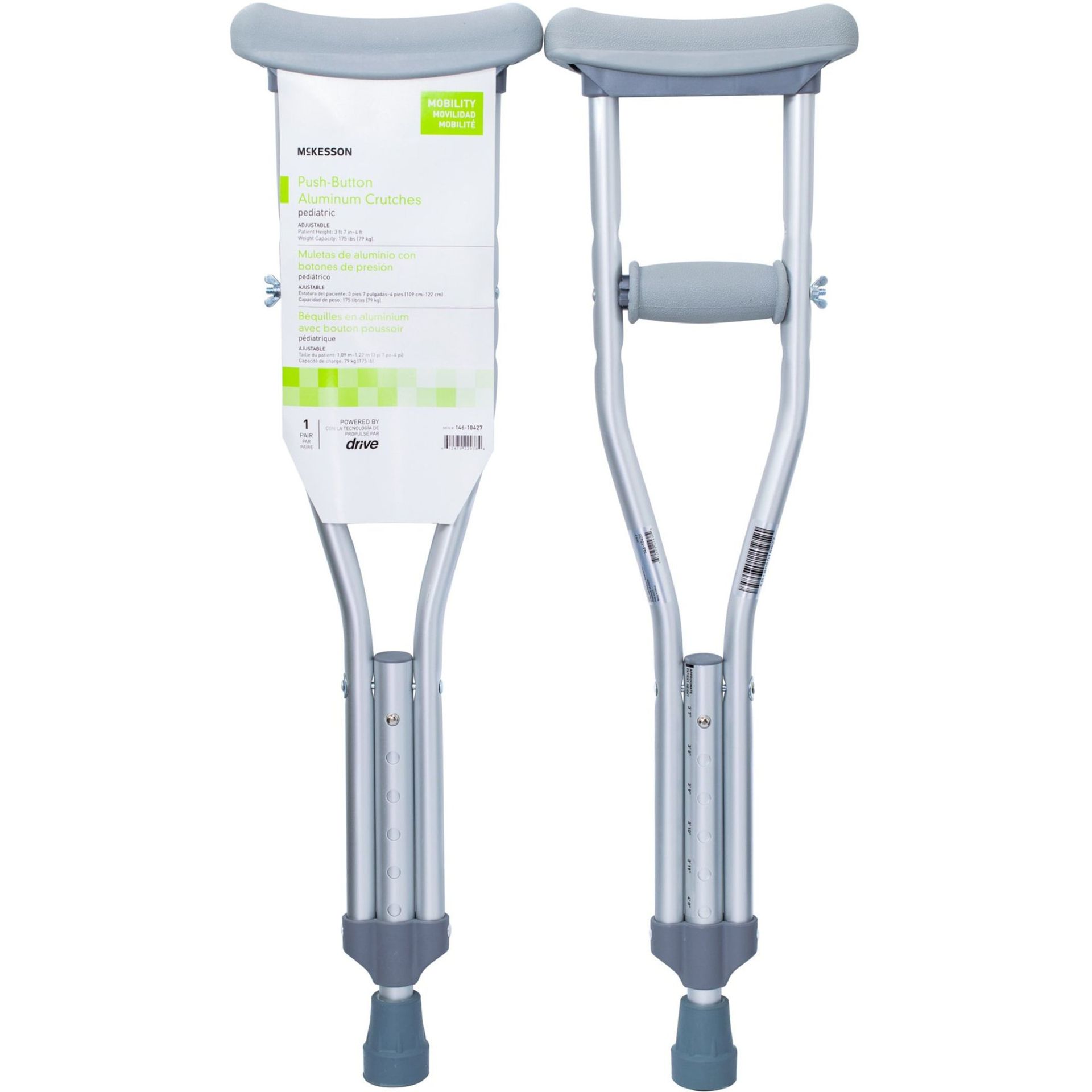 Pair of adjustable aluminum forearm crutches with gray padding.