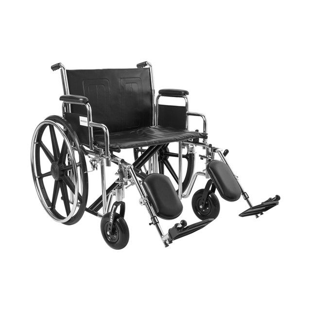 Silver wheelchair with black seat, back, armrests, and footrests on a neutral background.