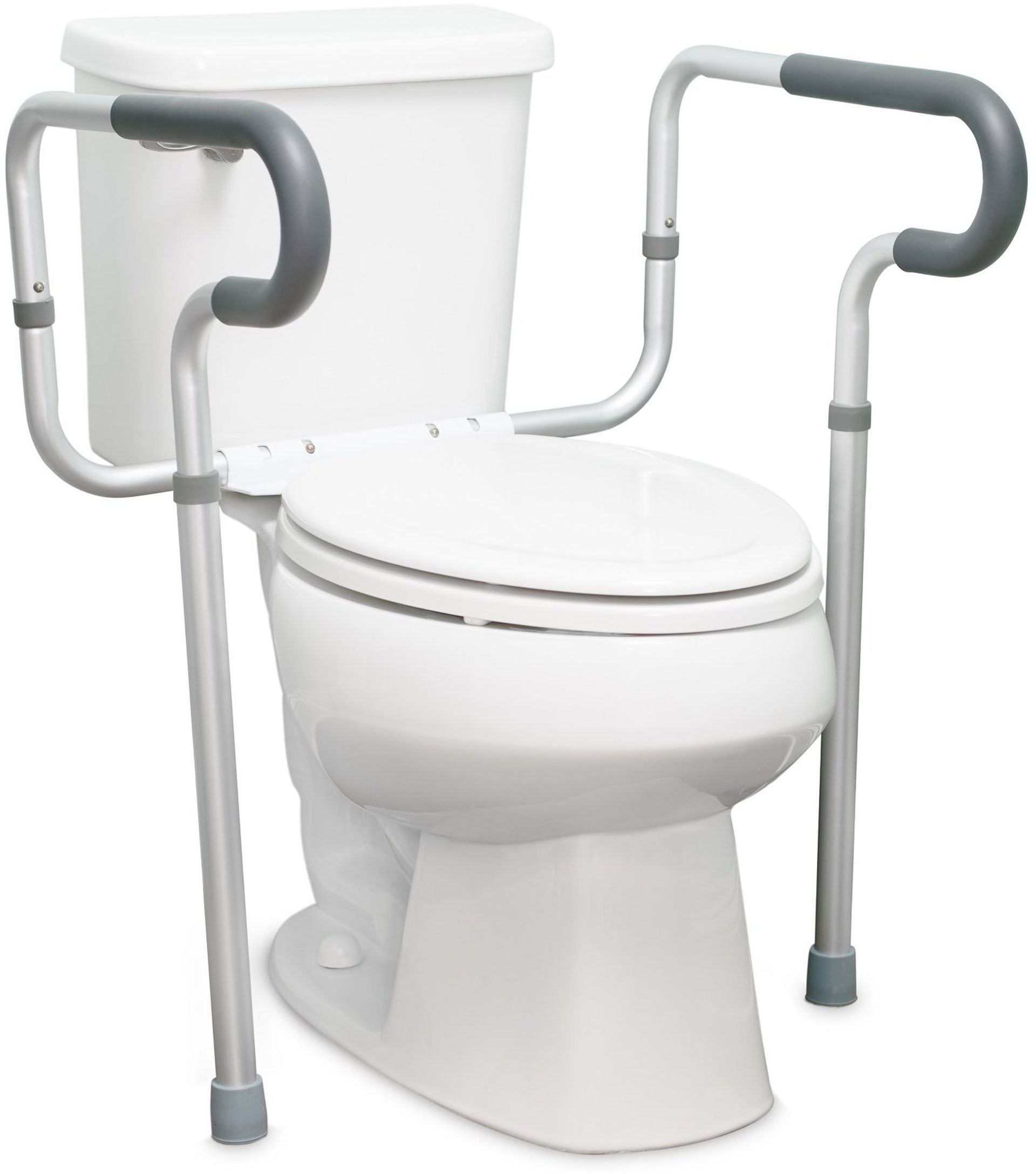 Toilet with aluminum grab bars for assistance.