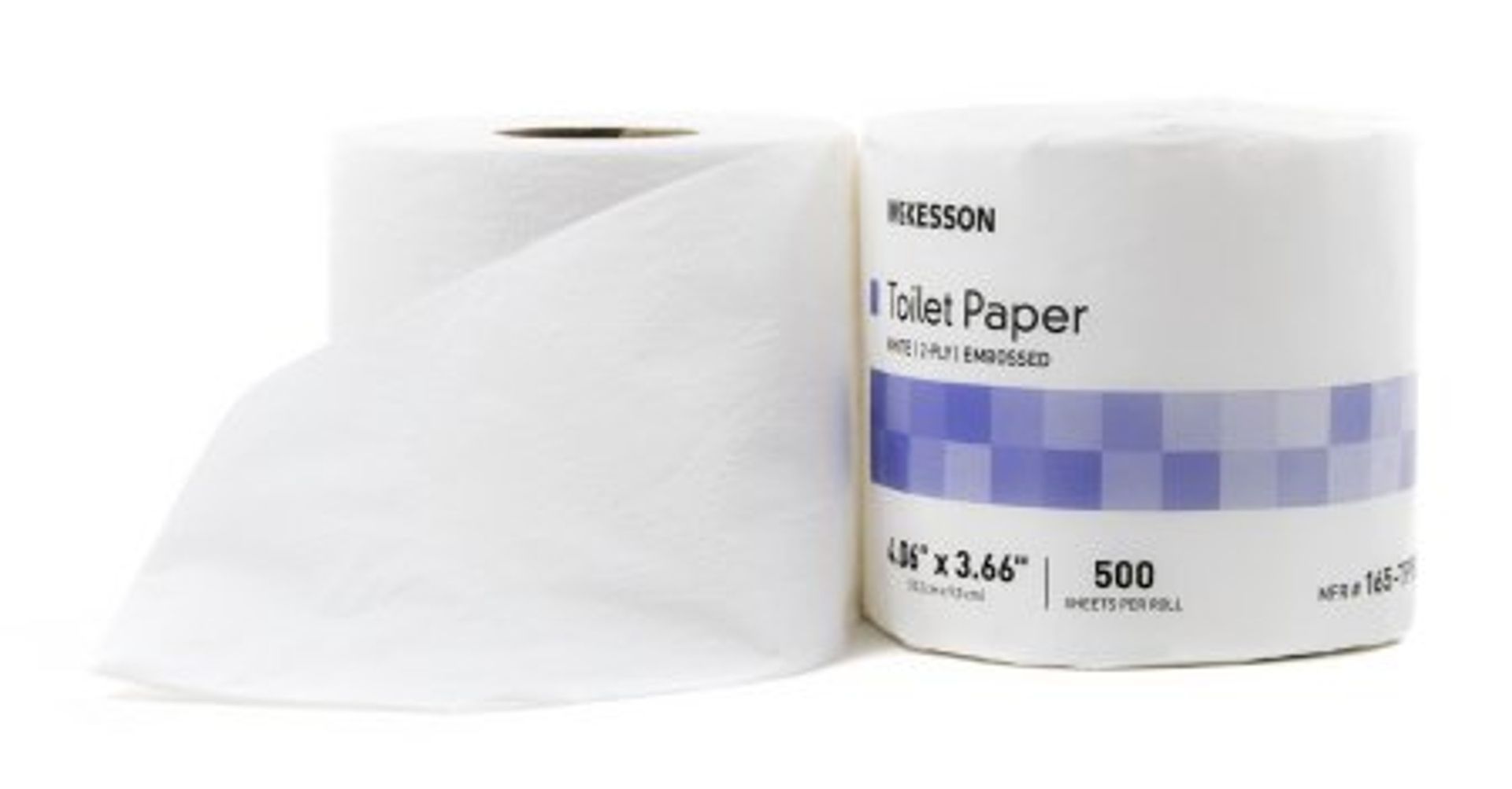 Two white rolls of toilet paper, one partially unrolled, on a white surface.