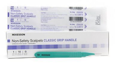 Box of 10 McKesson non-safety scalpels with green plastic handles and blade covers.