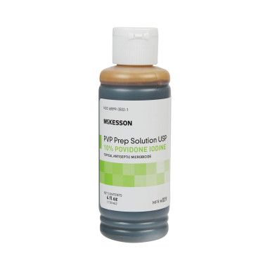 Bottle of McKesson PVP Prep Solution, 10% Povidone Iodine antiseptic. Brown cap, white label, green and white accents.