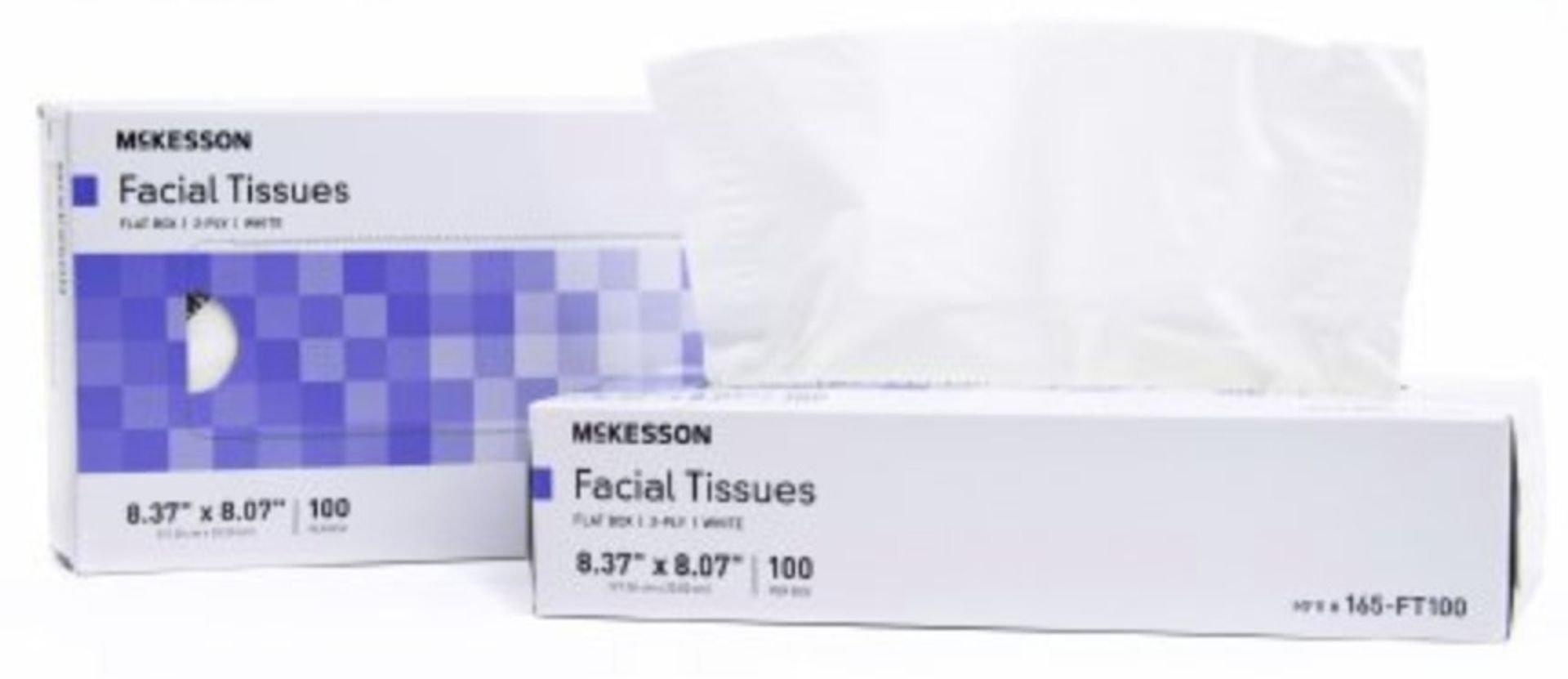 Two boxes of McKesson facial tissues; one box open, tissues spilling out. Boxes are white with purple accents.