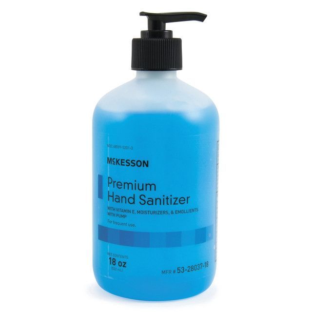 Bottle of blue McKesson Premium Hand Sanitizer with a black pump, 18 oz.