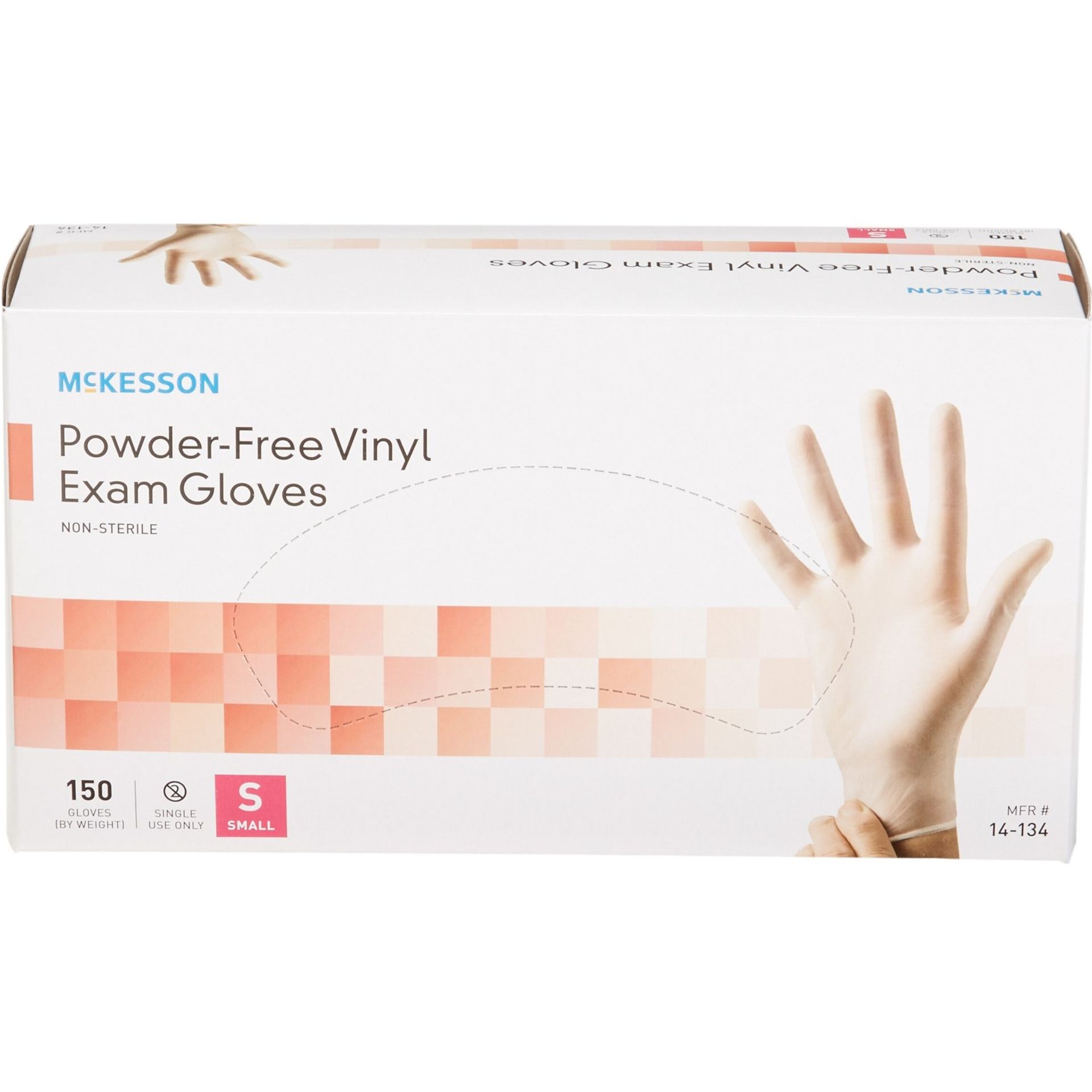 Box of McKesson powder-free vinyl exam gloves, size small, with a hand on the right.