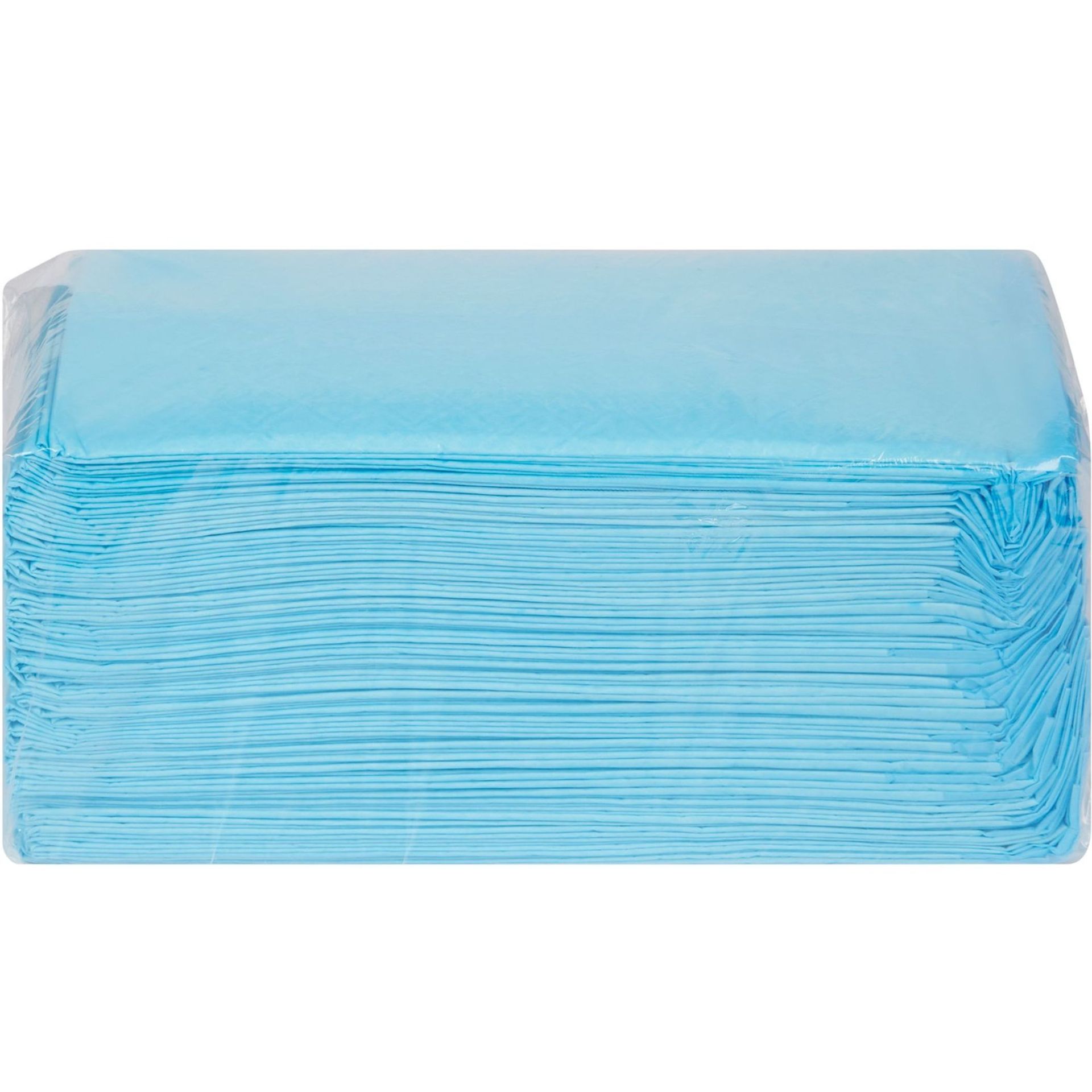 Blue disposable absorbent pads in clear plastic packaging.