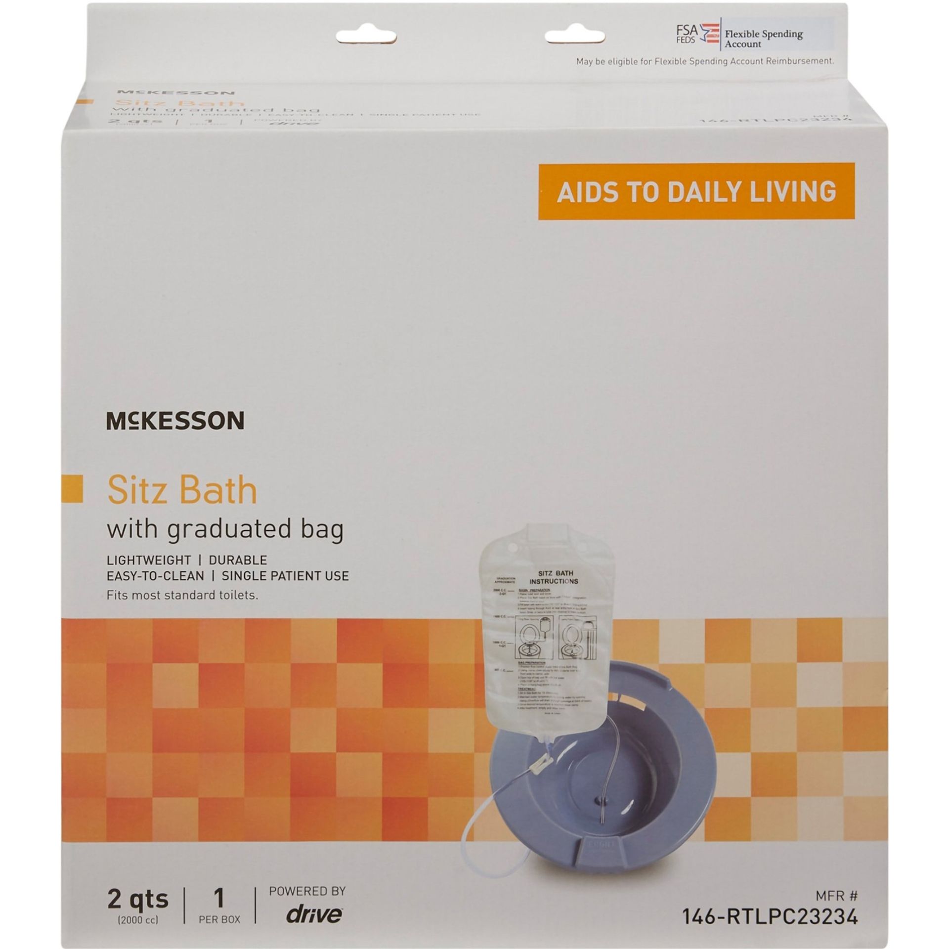 Boxed McKesson Sitz Bath with a graduated bag, featuring an orange and white design.