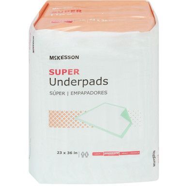 Package of McKesson Super Underpads, white and orange, 23x36 inches, containing 90 pads.