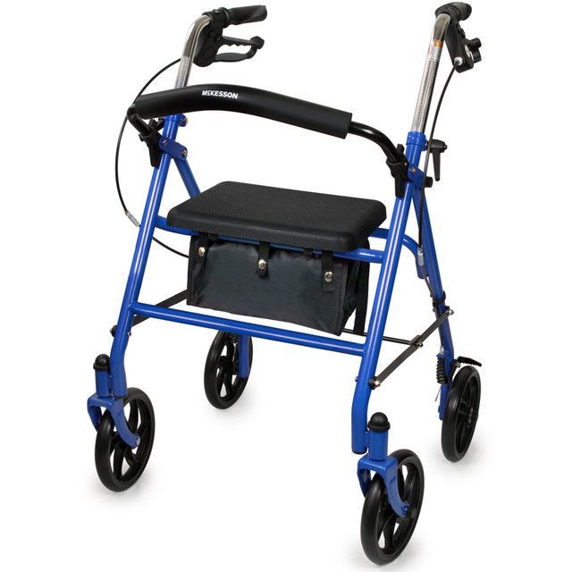 Blue rolling walker with seat and storage bag.