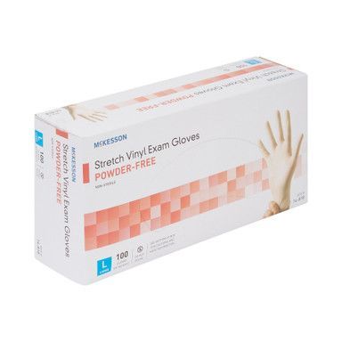 Box of powder-free stretch vinyl exam gloves. White box with a hand graphic and orange/red block design.