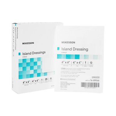 McKesson Island Dressing box and individual packet, white with blue squares.