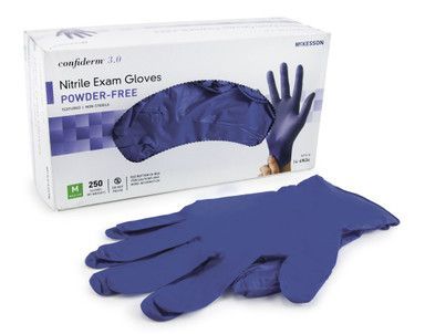 Box of blue nitrile exam gloves with a pair of gloves in front.