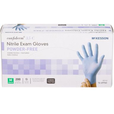 Box of light blue nitrile exam gloves, powder-free, with a hand wearing a glove.