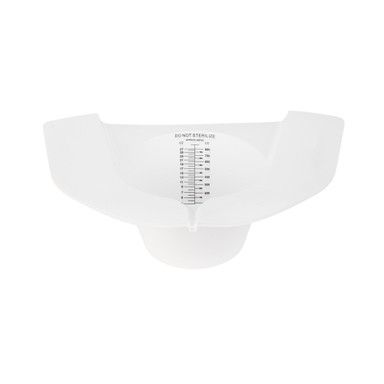 White plastic commode. Bowl-shaped with measurement markings, designed for collecting urine.