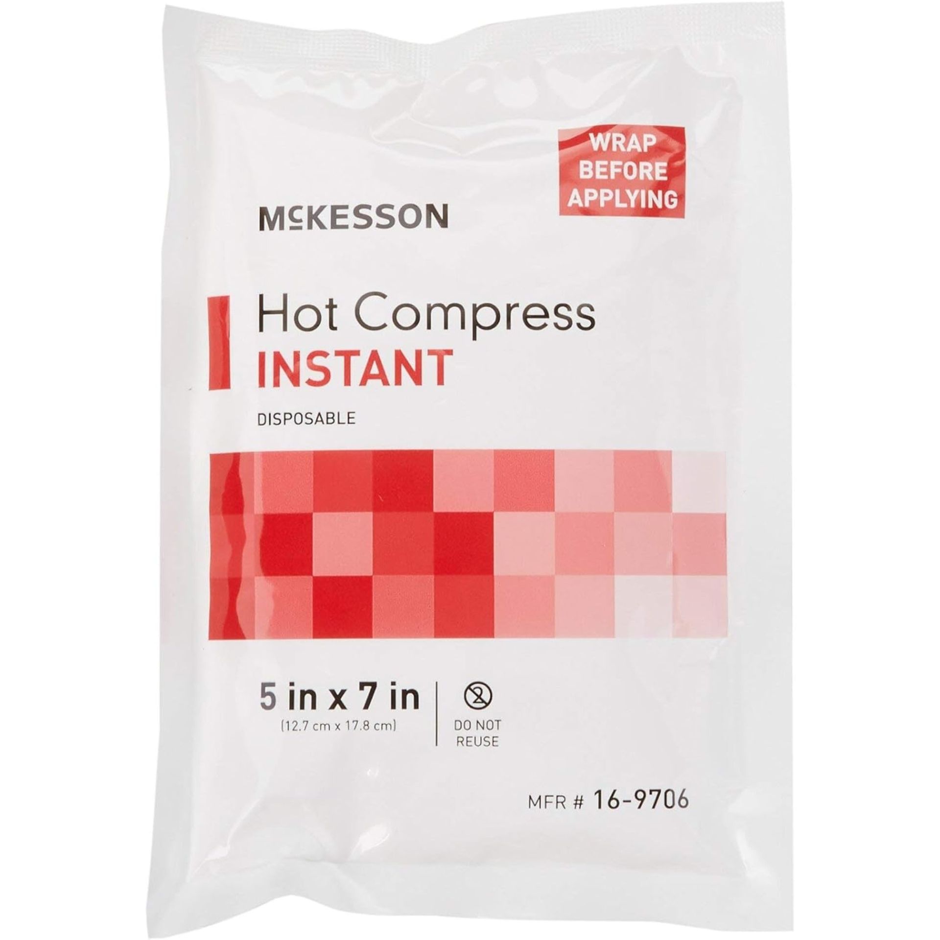 McKesson instant hot compress pack. White packaging with red text and squares.