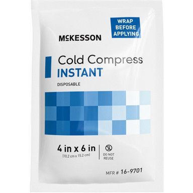 White McKesson instant cold compress pack, blue text and squares, says