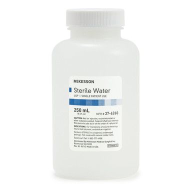 White bottle of Mikesson Sterile Water, 250 mL, with product label visible.