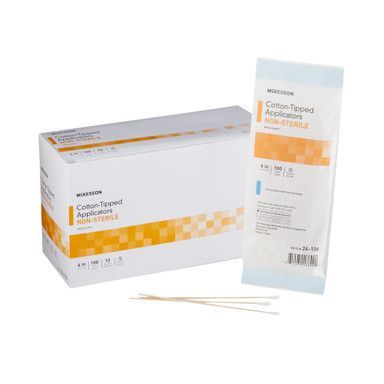 Box and packet of cotton-tipped applicators, the box is white with orange accents, non-sterile.
