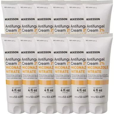 Several tubes of McKesson Antifungal Cream 2% with Miconazole Nitrate, in a white and yellow package.