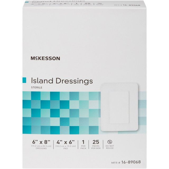 Box of McKesson Island Dressings, sterile, with a blue and white design, and dressing sample.