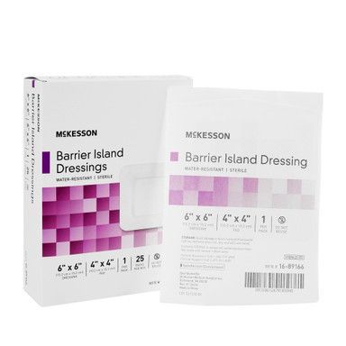 Box and individual wrapper of McKesson Barrier Island Dressings; white packaging with purple accents.