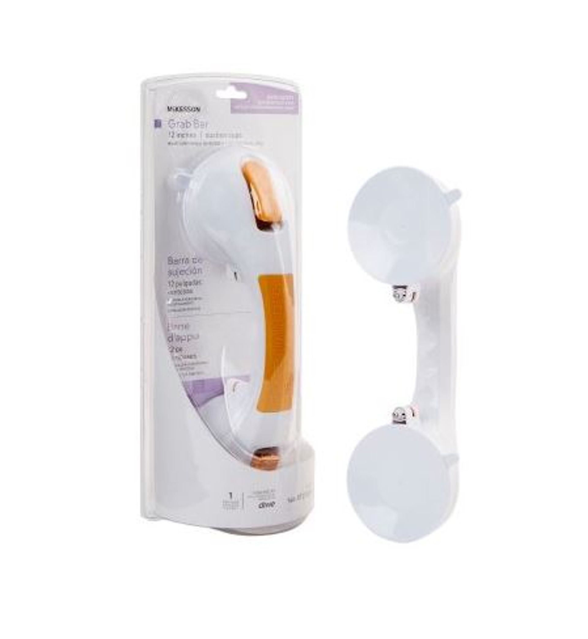 White and orange suction cup grab bar, with one packaged and one loose.