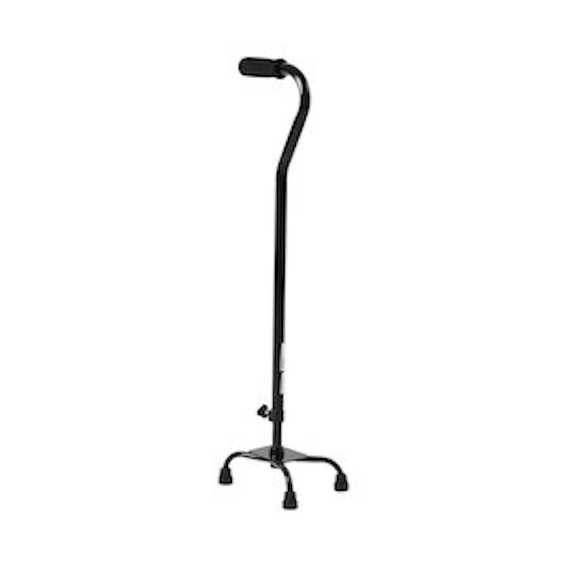 Black quad cane, for mobility assistance, on a white background.