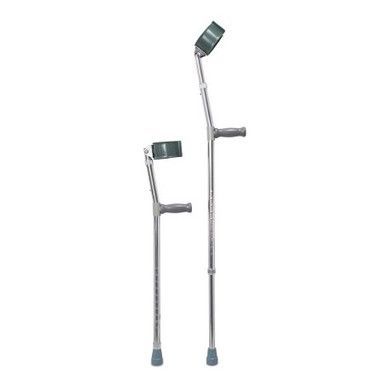 Pair of chrome forearm crutches with green arm pads.