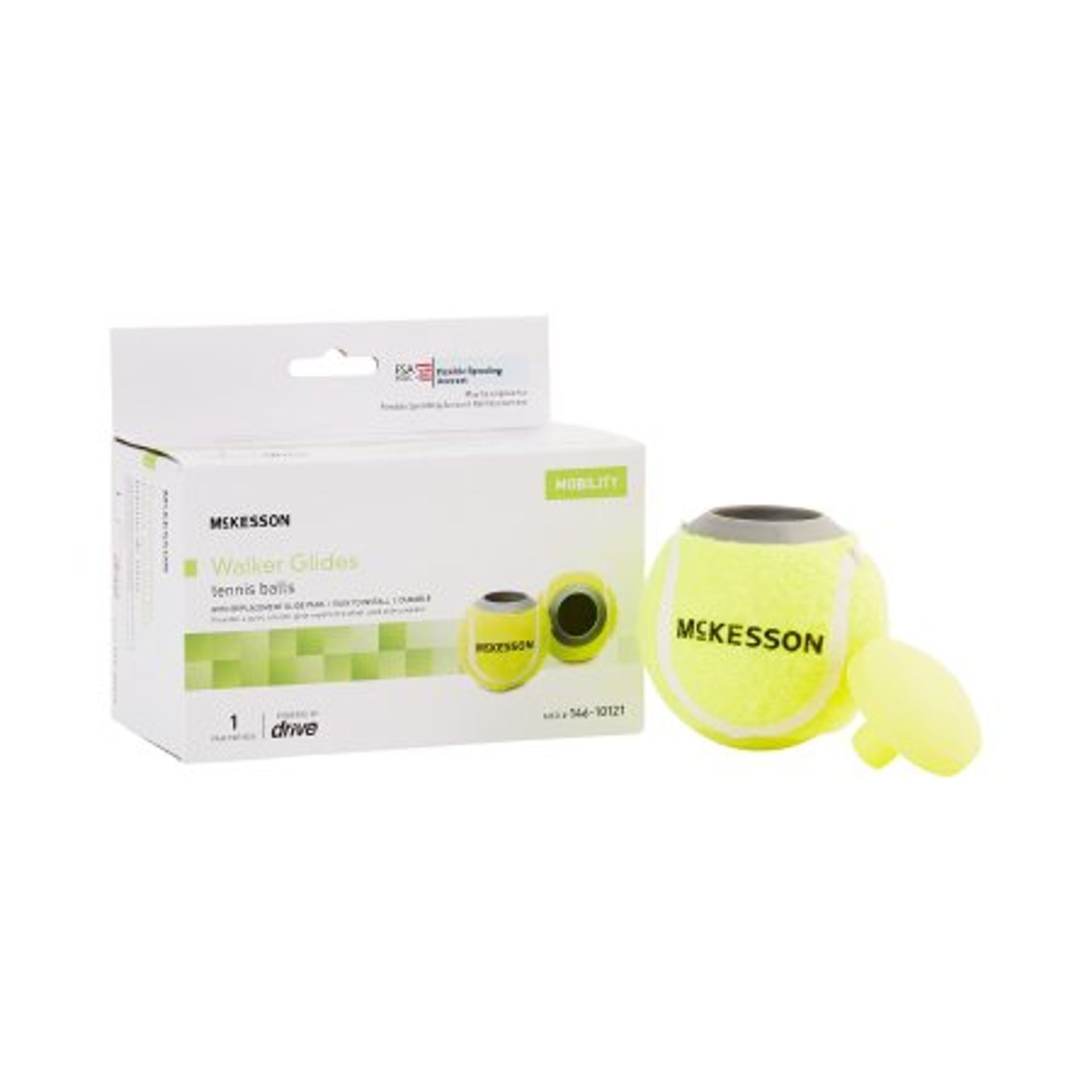 McKesson Walker Glides: tennis ball glides for walker legs, with box, white background.