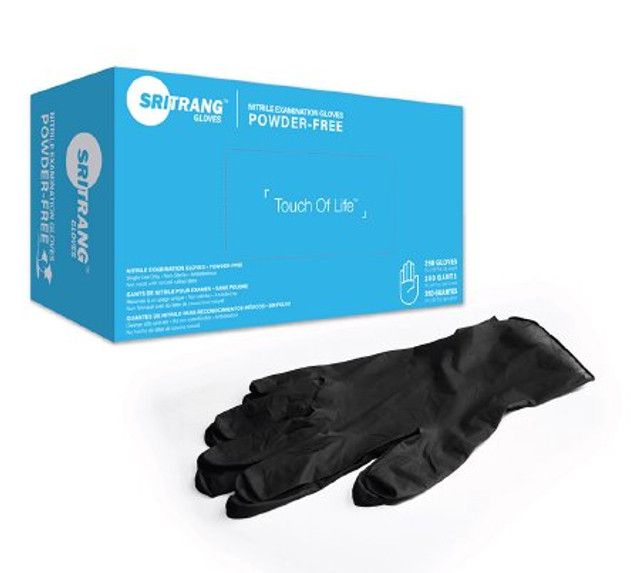 Box of blue SRI TRANG nitrile gloves with a black glove displayed in front.
