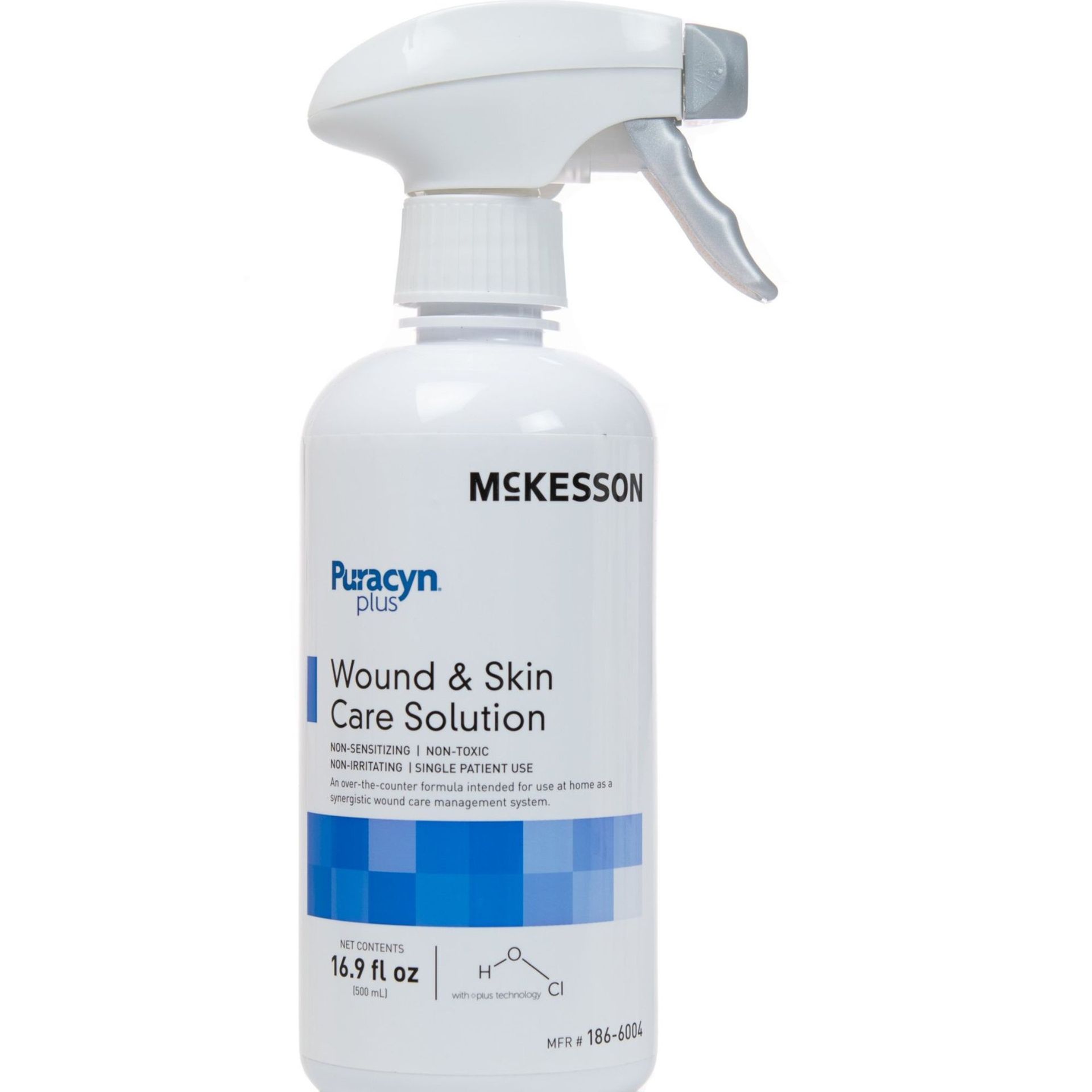 White bottle of McKesson Puracyn Wound & Skin Care Solution with blue and white label, spray nozzle.