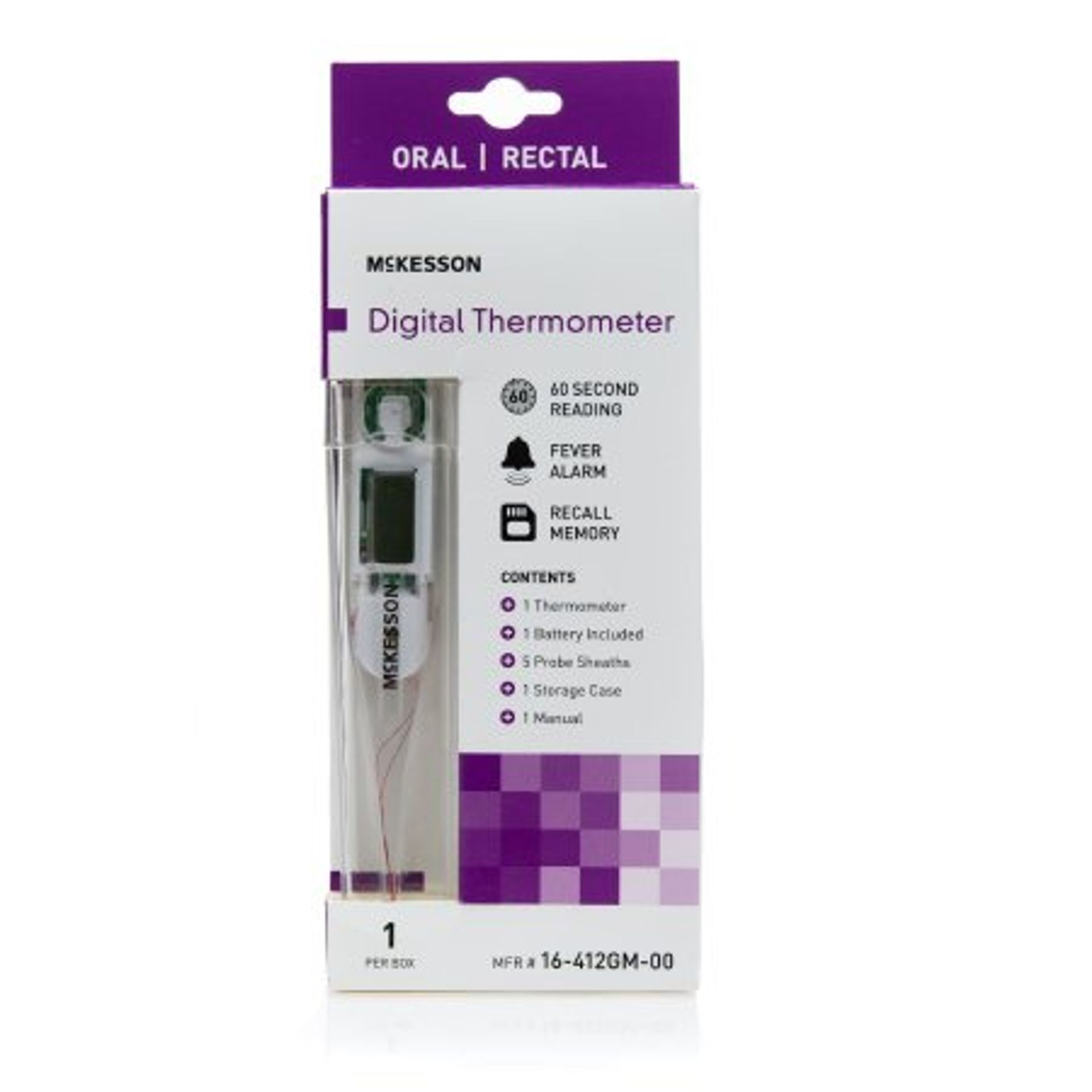 McKesson digital thermometer package: white with purple accents, includes thermometer, probe cover, battery, and storage case.